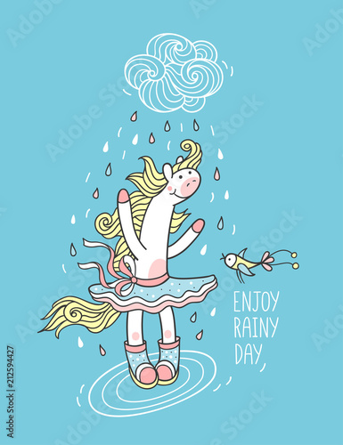 Enjoy rainy day. Cute animal character for kids design.