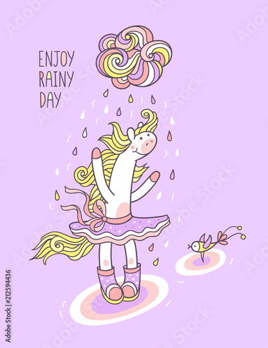 Enjoy rainy day. Cute animal character for kids design.