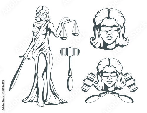 Themis - Ancient Greek goddess of justice. Hand drawn scales of justice. Symbols of the femida - justice, law, scales. Libra and a sword in hands, a bandage on eyes. Vector graphics to design