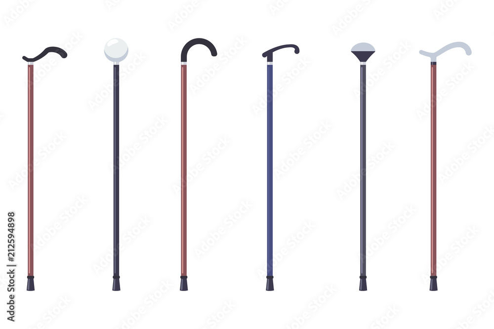Wooden cane stick vector flat simple set isolated on white background. Wooden cane stick vector flat simple set isolated on white background.