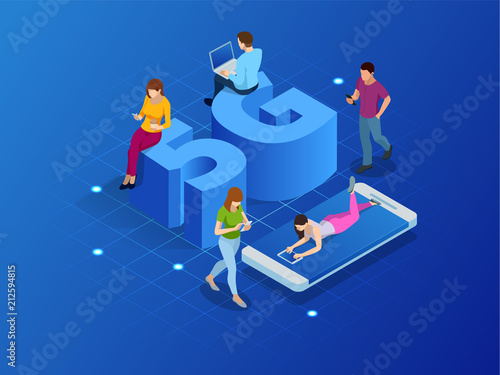 Isometric 5G network wireless systems and internet vector illustration. Communication network, Business concept.