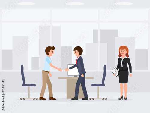 Business meeting negotiation cartoon character. Vector illustration of two man hands shaking © Cherstva