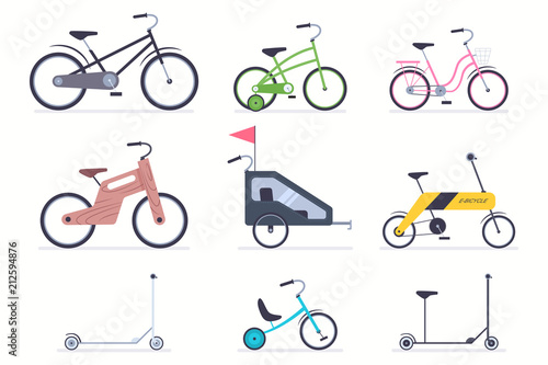Kid bicycles, kick scooter, carts, electro and wood bike for boys and girls. Vector flat simple icons set isolated on a white background.