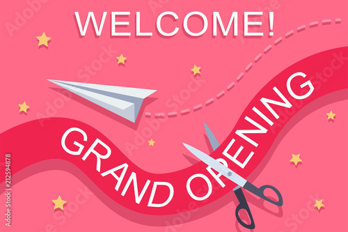 Grand opening invitation template with a red ribbon, scissors, paper airplane and golden stars. Vector banner design.