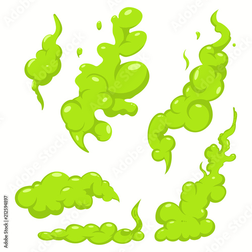 Bad smell green cloud illustration. Stink smoke vector cartoon icon set isolated on white background.