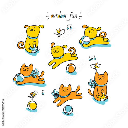 Outdoor fun. Set of cute pet characters.