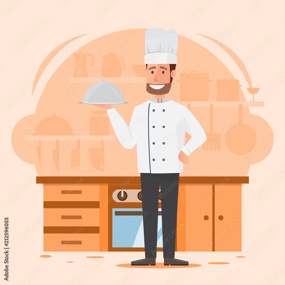 professional man chef with restaurant kitchen background professional man chef with restaurant kitchen background