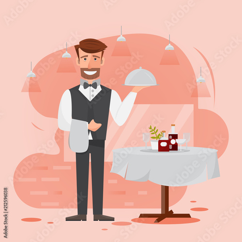 waiter man serving food in the restaurant.