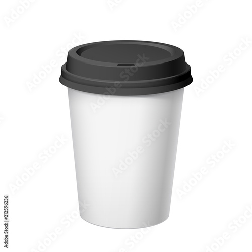 Realistic White Disposable paper Cup with black lid.