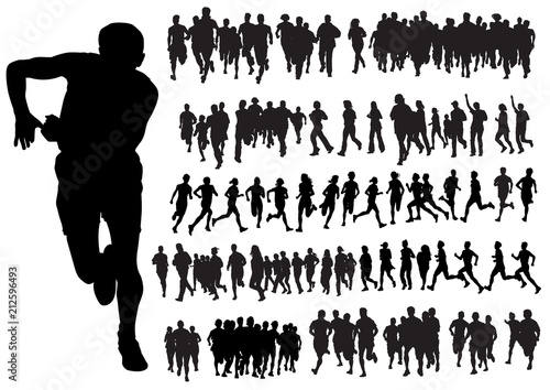 Woman and men athletes on running race on white background