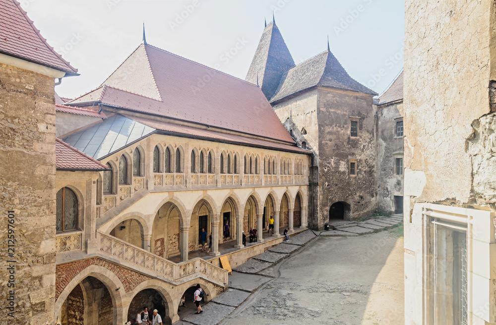 HUNEDOARA, ROMANIA - AUGUST 5, 2017: Details from the interior courtyard of the Corvins Castle build by John Hunyadi