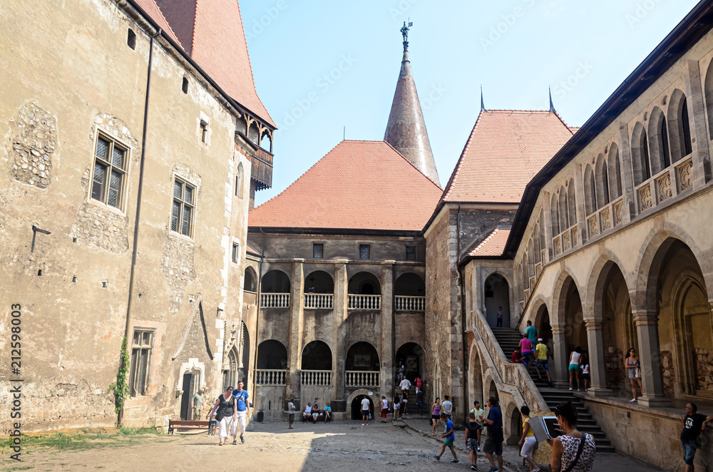 HUNEDOARA, ROMANIA - AUGUST 5, 2017: Details of the courtyard of the Corvins Castle
