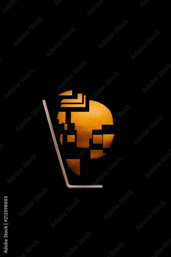 Obraz premium Creative fresh orange juice or lemonade in a minimalistic abstract mosaic style on a black background. My design, idea and art work.