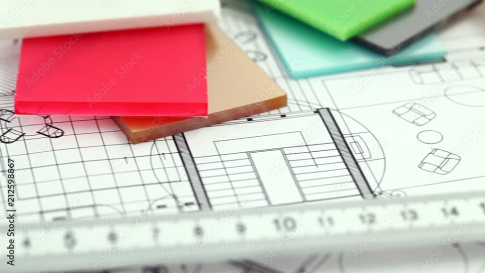 color samples of architectural materials - plastics, Metric Folding ruler and architectural drawings of the modern house color samples of architectural materials - plastics, Metric Folding ruler and architectural drawings of the modern house