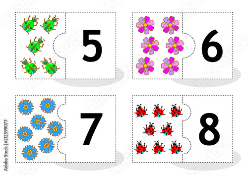Learn counting 2-part puzzle cards to cut out and play, with beetles, flowers, ladybugs, numbers 5 - 8
