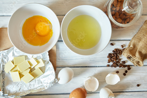 broken eggs on the table.