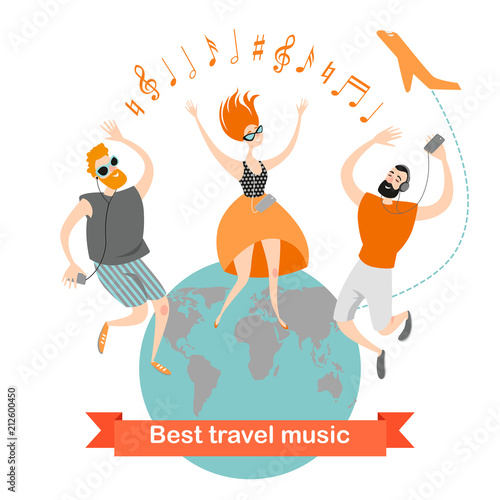 Happy people travel with music. Cartoon characters with headphones listening to music. The best songs are available online all over the world © naidzionysheva