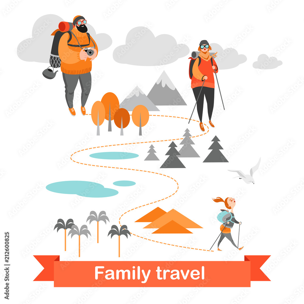 Happy family hiking together. People in the background of the landscape. Vector illustration on white background.