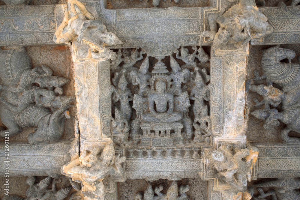 Ceiling sculpture in open mandapa, depicting the guardians to the eight directions ,ashtadikpalaka. Panchakuta Basadi, Kambadahalli, Mandya district