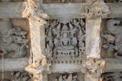 Ceiling sculpture in open mandapa, depicting the guardians to the eight directions ,ashtadikpalaka. Panchakuta Basadi, Kambadahalli, Mandya district