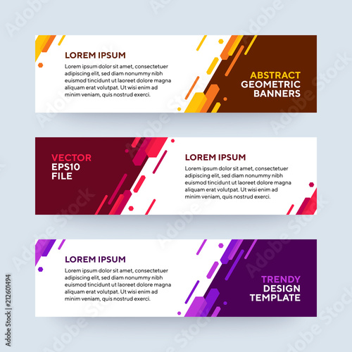 Set of three vector abstract baners. Trendy modern flat material design style. Purple, red and yellow colors. Text placeholder.