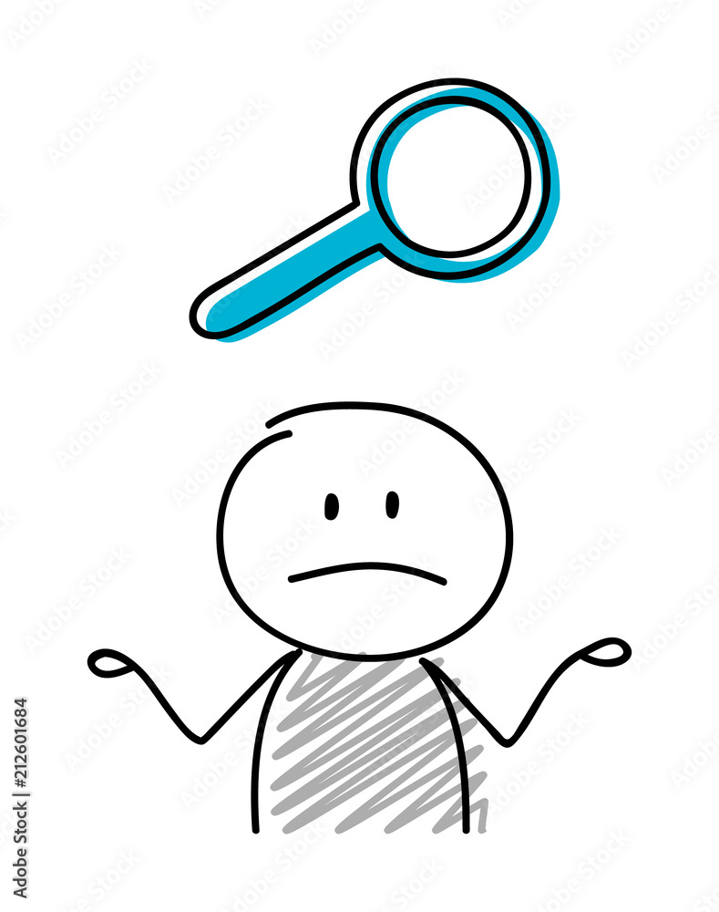 Stickman with confused facial expression holiding magnifier (search) icon. Vector. Stickman with confused facial expression holiding magnifier (search) icon. Vector.