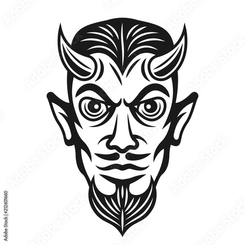Horned devil head vector monochrome illustration