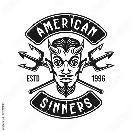 Devil head with two crossed tridents vector emblem