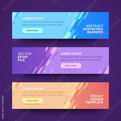 Set of three vector abstract baners. Trendy modern flat material design style. Blue, purple and orange colors. Text placeholder.