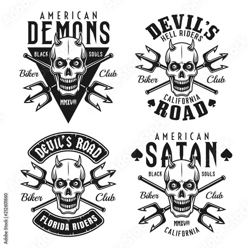 Biker club vector emblems with horned skull