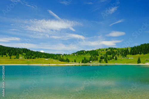 Panorami di un bellissimo laghetto di montagna color smeraldo in una giornata estiva di sole; Folgaria - Passo Coe - Trentino Alto Adige - Italia
