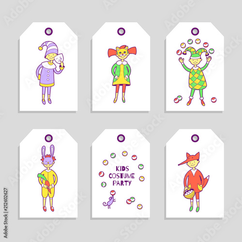 Kids costume party. –°ute tags set.