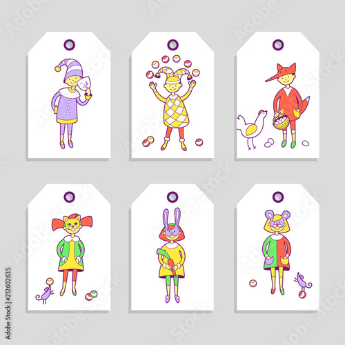 Kids costume party. –°ute tags set.