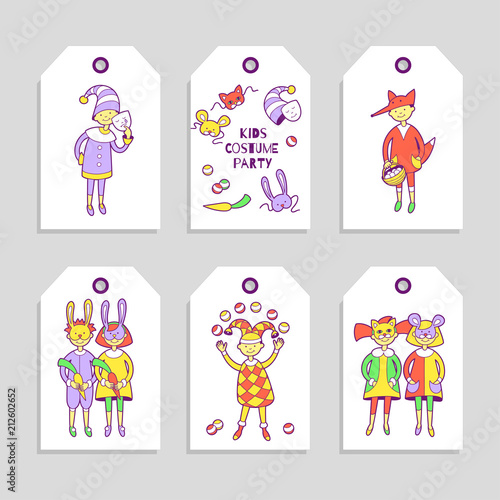 Kids costume party. –°ute tags set.