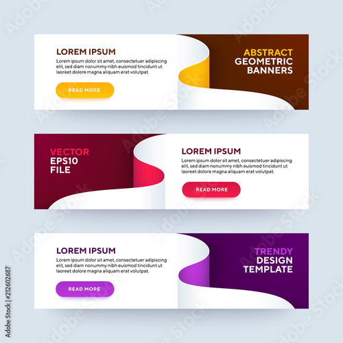 Set of three vector abstract baners. Trendy modern flat material design style. Yellow, pink and purple colors. Text placeholder.