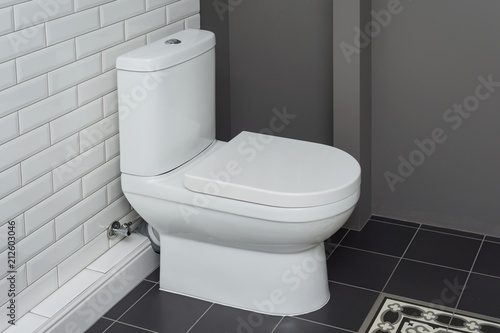 White ceramic toilet bowl in the bathroom interior close-up