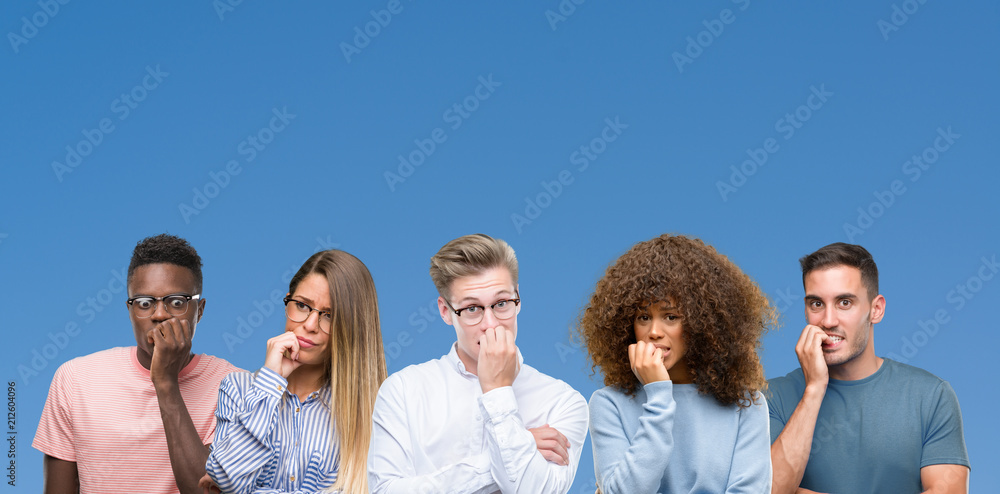 Composition of group of friends over blue blackground looking stressed and nervous with hands on mouth biting nails. Anxiety problem. Composition of group of friends over blue blackground looking stressed and nervous with hands on mouth biting nails. Anxiety problem.