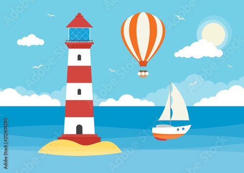 Sailing Boat, Hot Air Balloon and Lighthouse