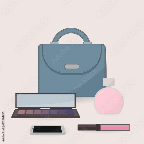 Purse, perfume, cosmetics and mobile phone. The contents of a woman's handbag. Vanity table. Concept of beauty bloggers, fashion and glamour.Vector design for social media, etc.