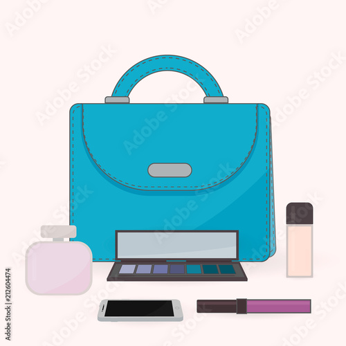 Purse, perfume, cosmetics and mobile phone. The contents of a woman's handbag. Vanity table. Concept of beauty bloggers, fashion and glamour.