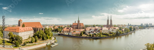 Poland. Wroclaw. Ostrow Tumski, park, and Odra River. Aerial High Resolution Photo.