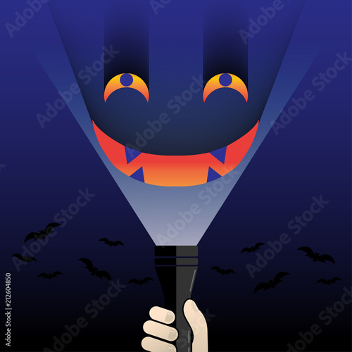 flashlight shine face monster ghost eye in blue background halloween day