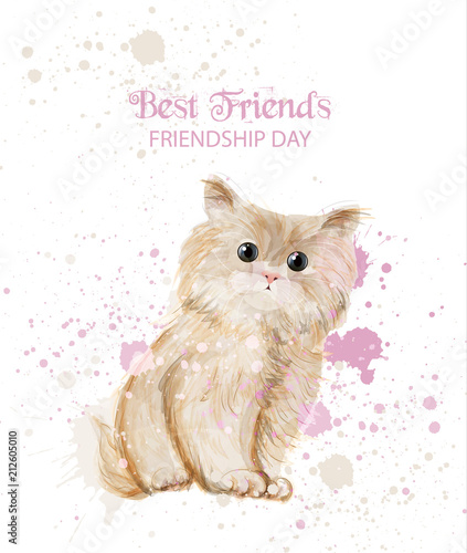 Watercolor cute kitty Friendship day card Vector