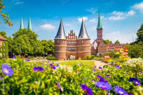 Historic town of Lübeck with famous Holstentor gate in summer, Schleswig-Holstein, northern Germany