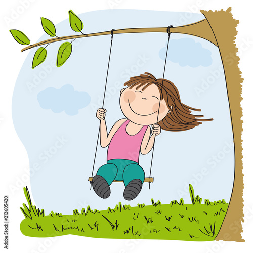 Happy little girl sitting on swing, swinging under the tree in the garden or in the park - original hand drawn illustration.