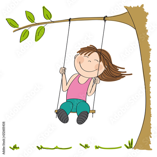 Happy little girl sitting on swing, swinging under the tree in the garden or in the park - original hand drawn illustration.