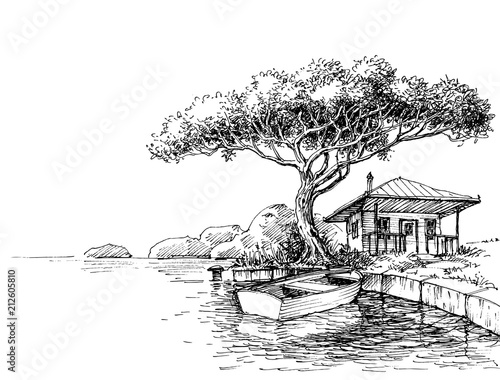 Lake or river bank drawing. Boat and a chalet on shore