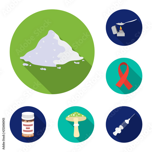 Drug addiction and attributes flat icons in set collection for design. Addict and Drug vector symbol stock web illustration.