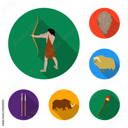 Life in the Stone Age flat icons in set collection for design. Ancient people vector symbol stock web illustration.