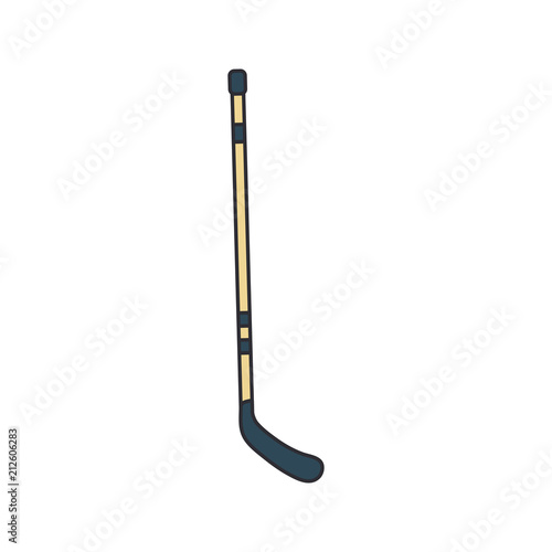 Color vector icon wooden hockey stick. Ice field skates, puck strike. Sport equipment success symbol. Athletic competition activity. Winter outdoor training team game. Retro style illustration element